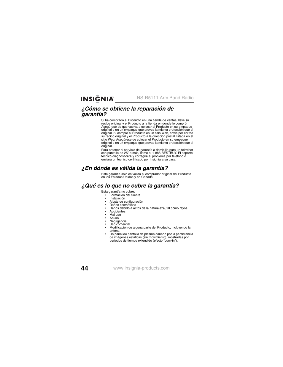 Cómo se obtiene la reparación de garantía, En dónde es válida la garantía, Qué es lo que no cubre la garantía | Insignia NS-R5111 User Manual | Page 46 / 48