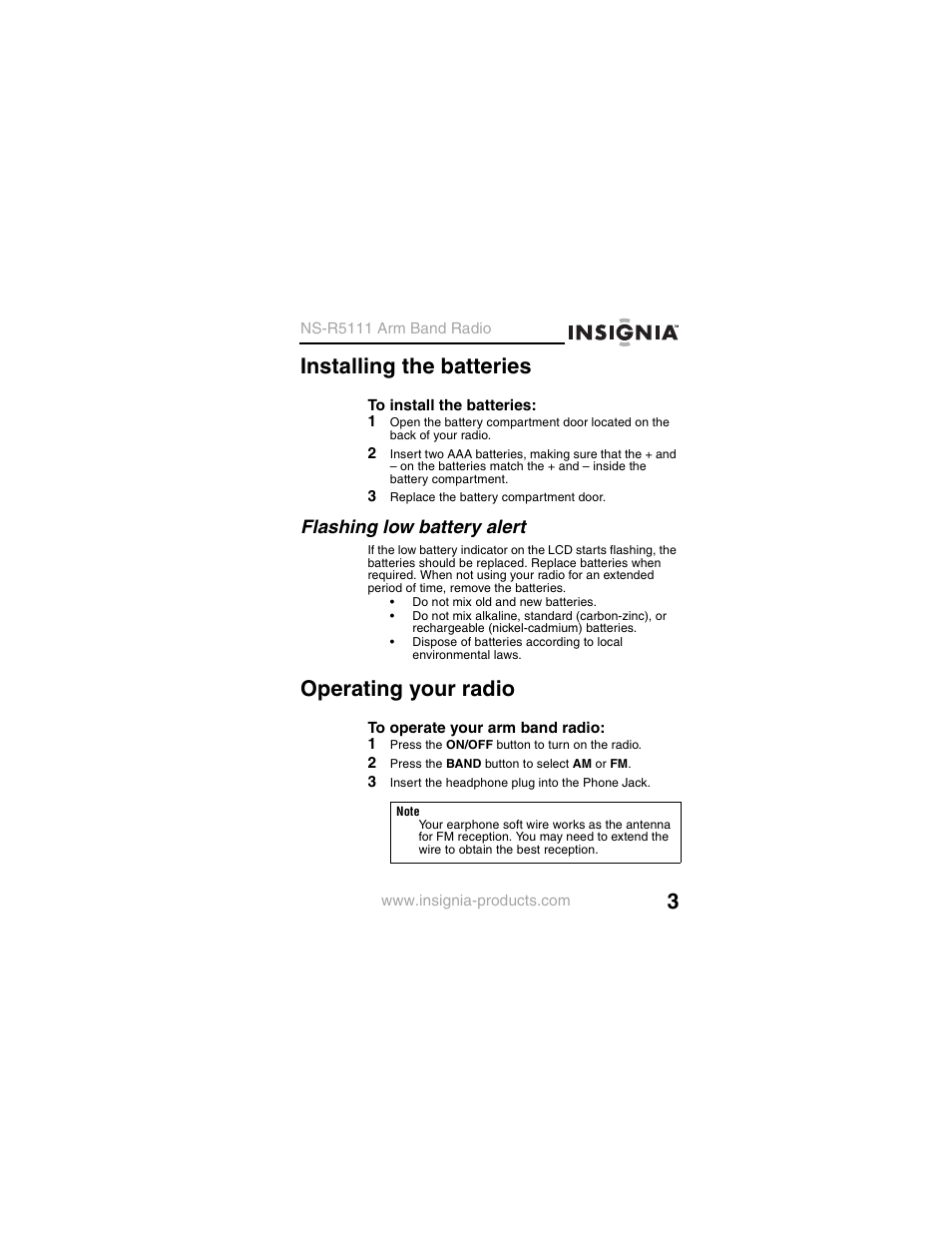 Installing the batteries, 3 replace the battery compartment door, Flashing low battery alert | Operating your radio, 1 press the on/off button to turn on the radio, 2 press the band button to select am or fm, 3 insert the headphone plug into the phone jack | Insignia NS-R5111 User Manual | Page 5 / 48