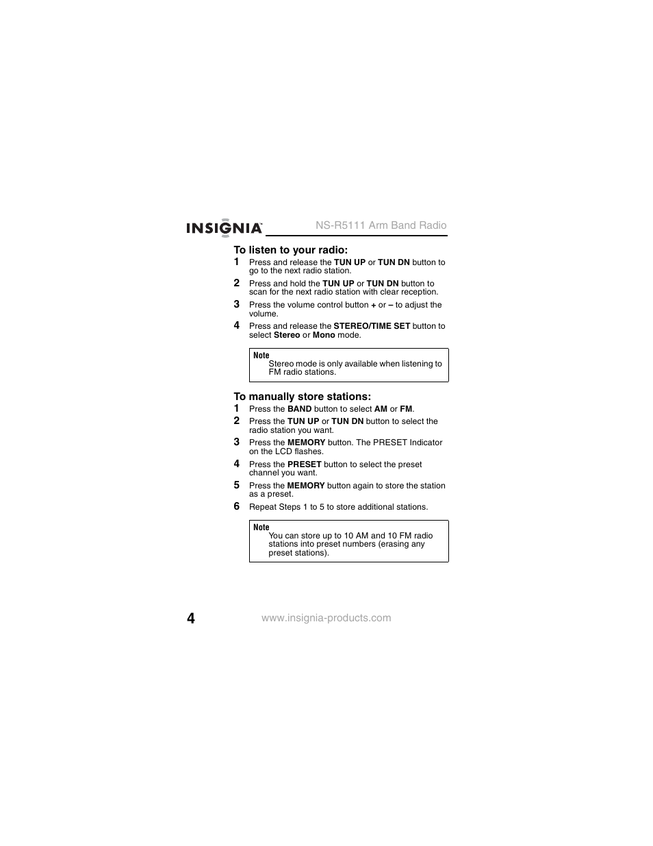 1 press the band button to select am or fm, 6 repeat steps 1 to 5 to store additional stations | Insignia NS-R5111 User Manual | Page 6 / 48