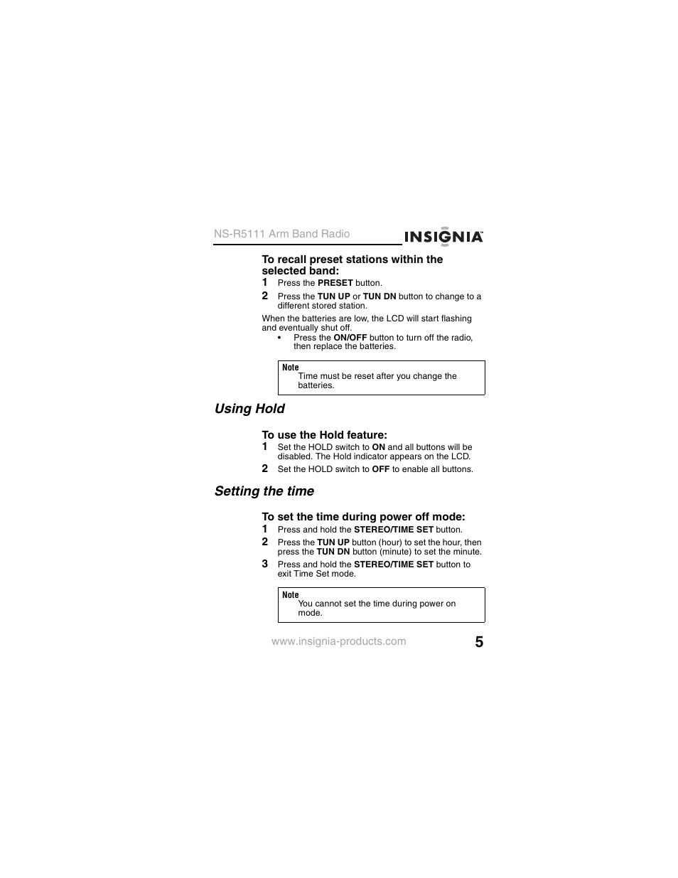 1 press the preset button, Using hold, 2 set the hold switch to off to enable all buttons | Setting the time, 1 press and hold the stereo/time set button | Insignia NS-R5111 User Manual | Page 7 / 48