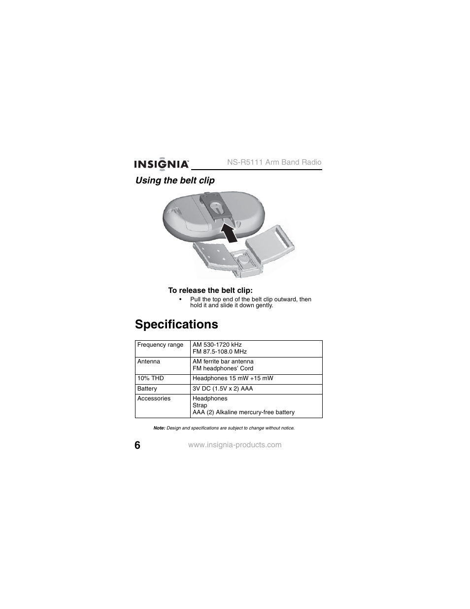 Using the belt clip, Specifications | Insignia NS-R5111 User Manual | Page 8 / 48