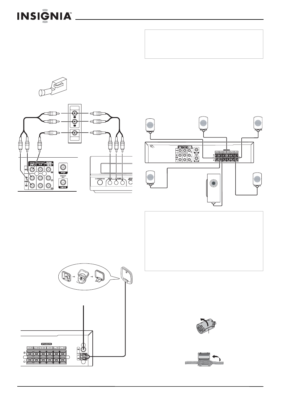 Connecting devices to your home theater system, Connecting speakers to your home theater system, Attaching the ferrite core | Insignia NS-H3005 User Manual | Page 12 / 116