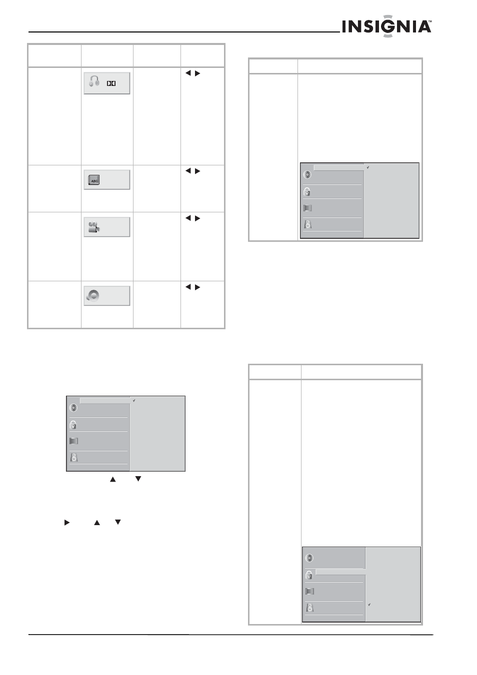 Accès aux menus d’écran (osd), Fonctionnement général, Langue des menus contrôle parental | Options fonction mode de sélection, Menu description | Insignia NS-H3005 User Manual | Page 53 / 116