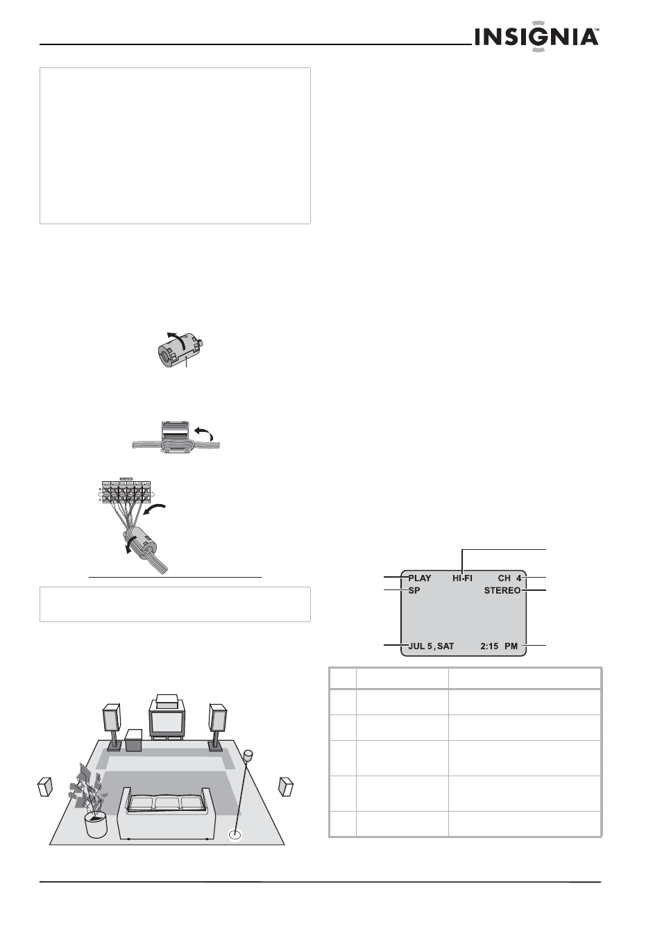 Preparación del vcr, Conexión del núcleo de ferrita, Ubicación de los altavoces | Uso de la visualización de pantalla (osd) | Insignia NS-H3005 User Manual | Page 87 / 116