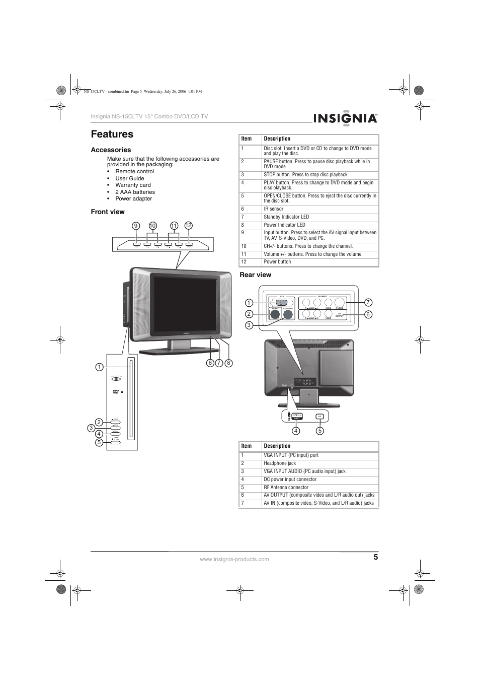 Features, Accessories, Front view rear view | Insignia NS-15cltv User Manual | Page 4 / 69