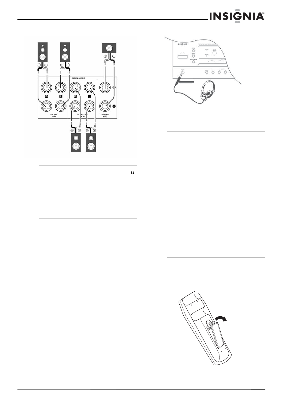 Connexion des haut-parleurs, Connexion d'un casque d'écoute, Connexion de l’alimentation électrique | Installation des piles | Insignia NS-R5100 User Manual | Page 33 / 76