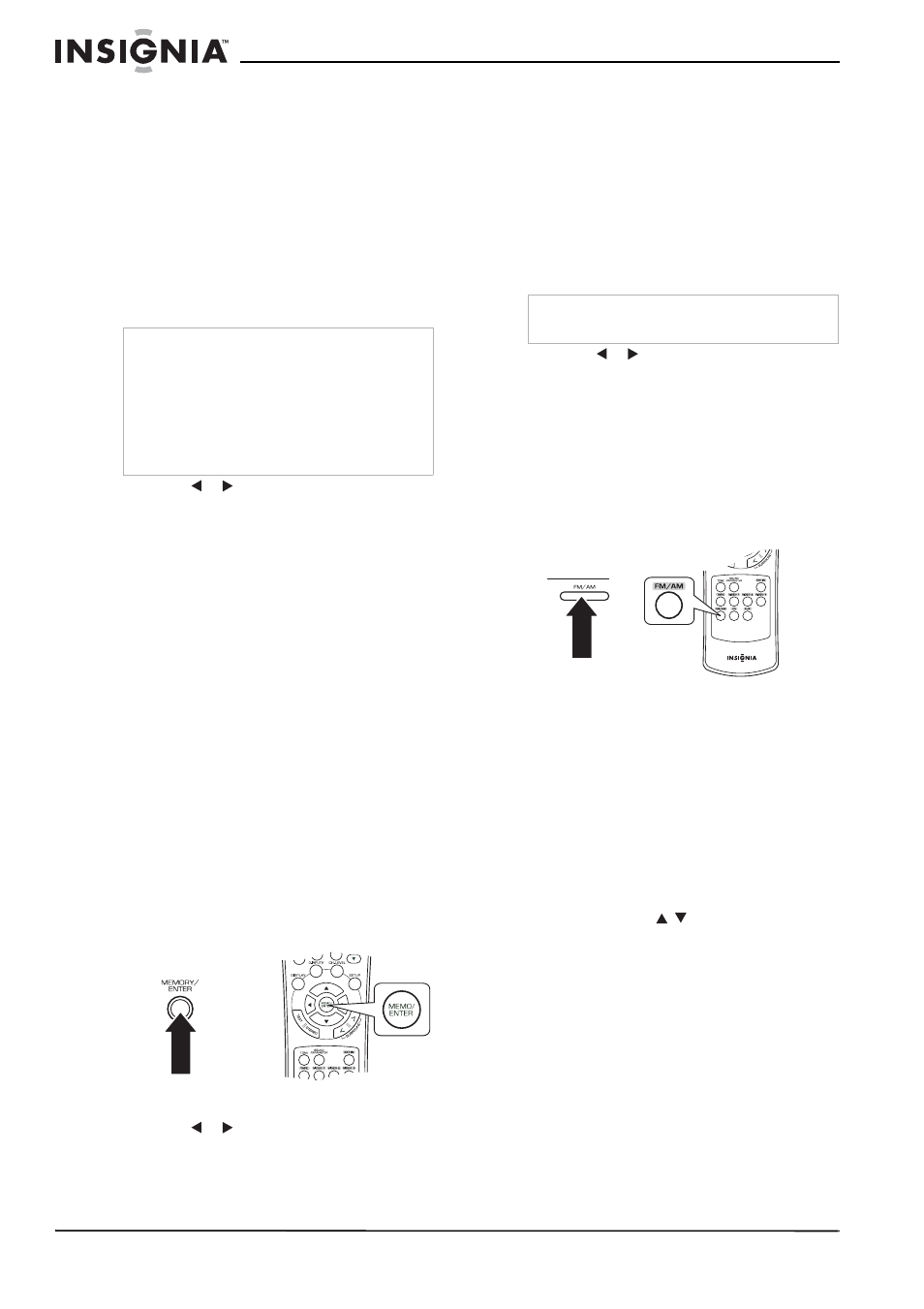 Memorización de los niveles de canal ajustados, Recuperación de los niveles de canal memorizados, Para escuchar emisiones de radio | Sintonización automática, Sintonización manual | Insignia NS-R5100 User Manual | Page 64 / 76