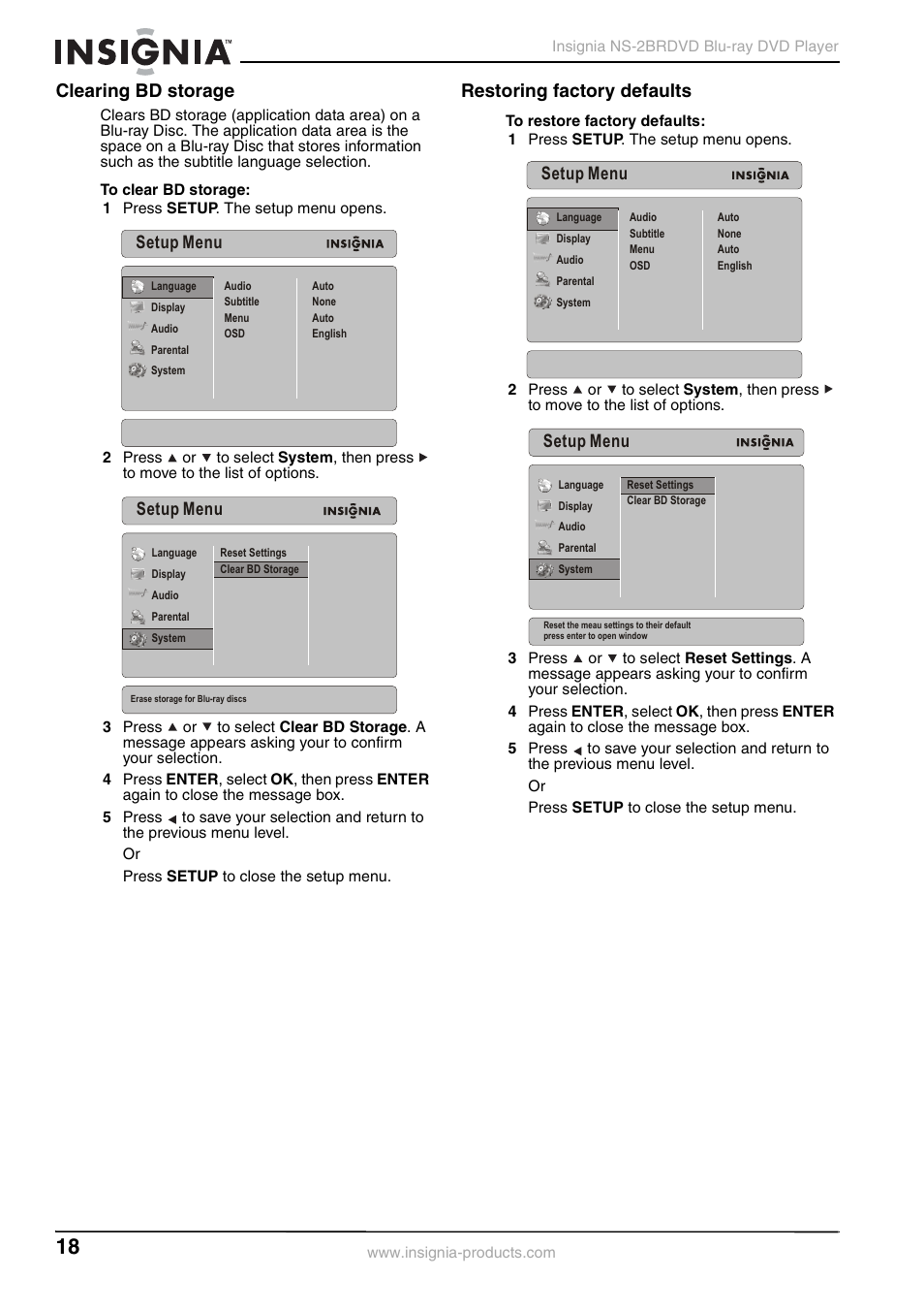 Clearing bd storage, Restoring factory defaults, Clearing bd storage restoring factory defaults | Setup menu | Insignia NS-2BRDVD User Manual | Page 20 / 32