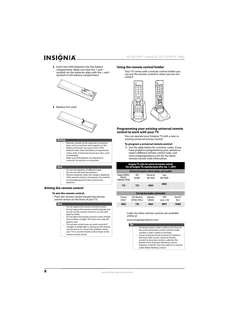 Aiming the remote control, Using the remote control holder | Insignia NS-32E570A11 User Manual | Page 12 / 48