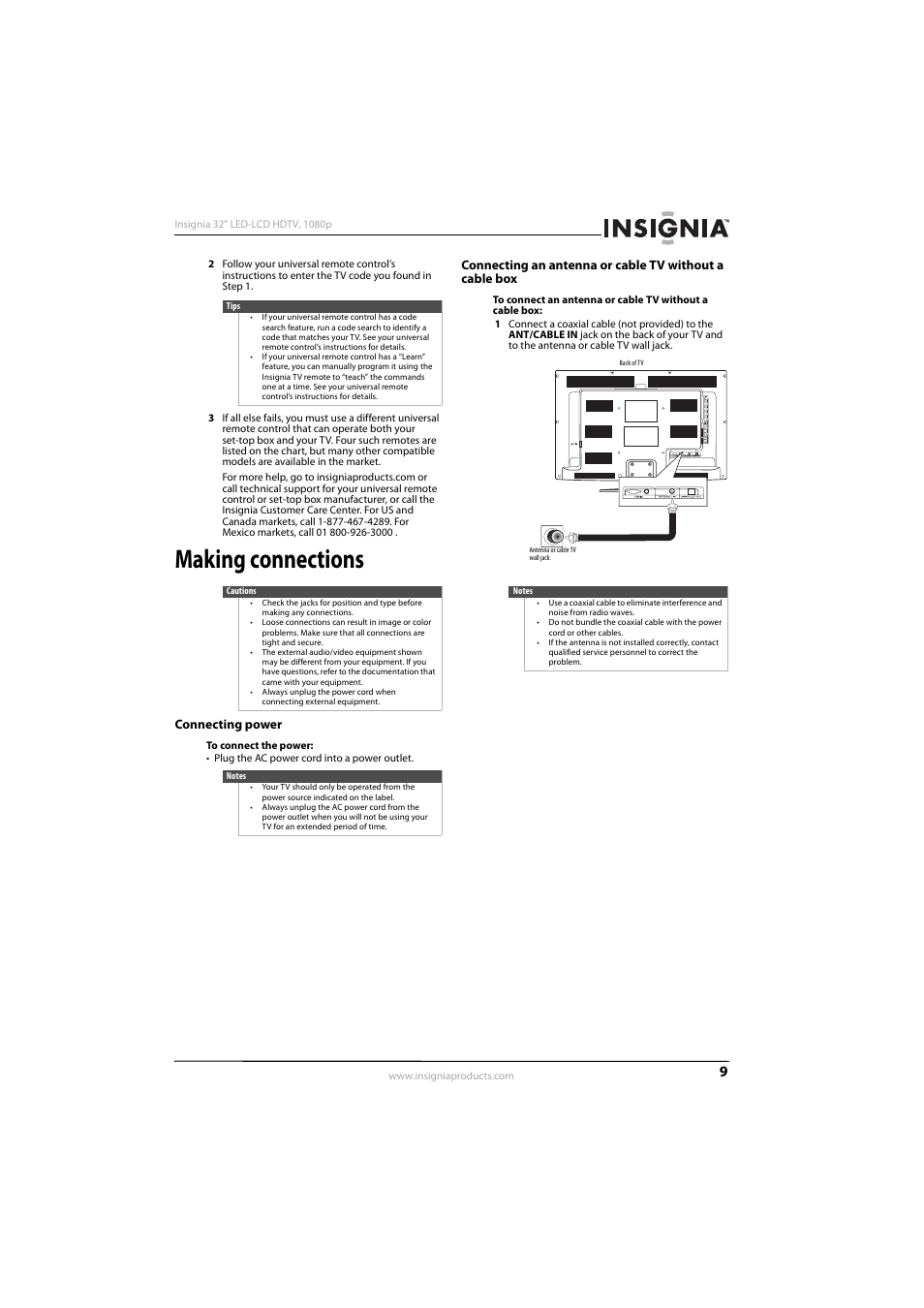 Making connections, Connecting power | Insignia NS-32E570A11 User Manual | Page 13 / 48