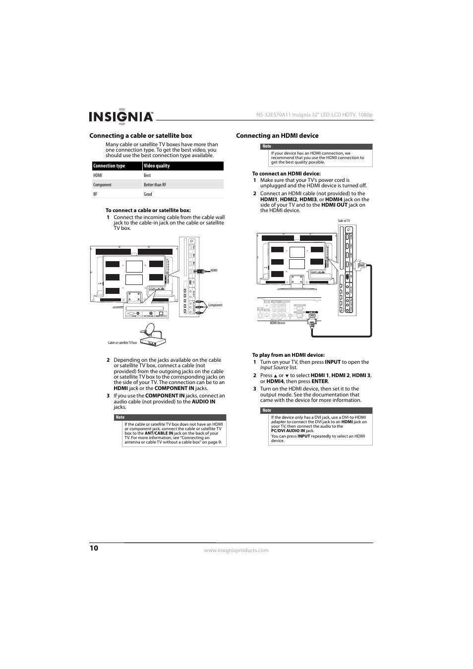 Connecting a cable or satellite box, Connecting an hdmi device, Ee “connecting an hdmi device | Insignia NS-32E570A11 User Manual | Page 14 / 48