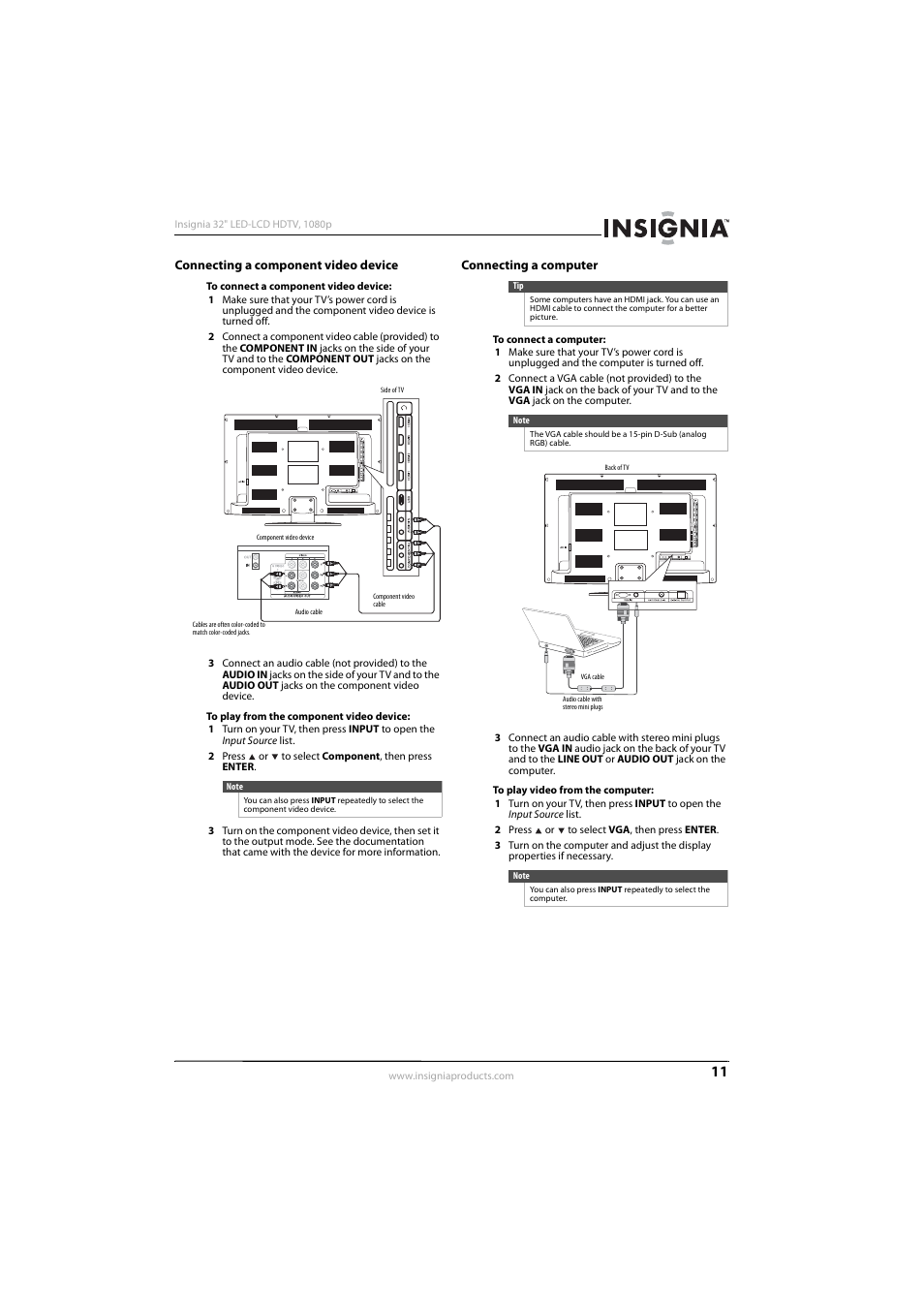 Connecting a component video device, Connecting a computer, Ee “connecting a component video device | E “connecting a computer” o | Insignia NS-32E570A11 User Manual | Page 15 / 48