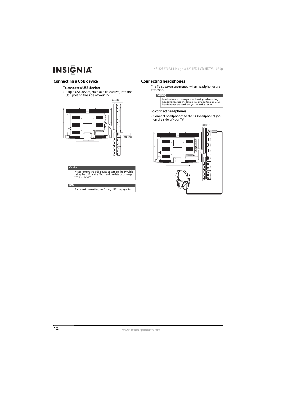 Connecting a usb device, Connecting headphones, Connecting a usb device connecting headphones | Ee “connecting headphones | Insignia NS-32E570A11 User Manual | Page 16 / 48