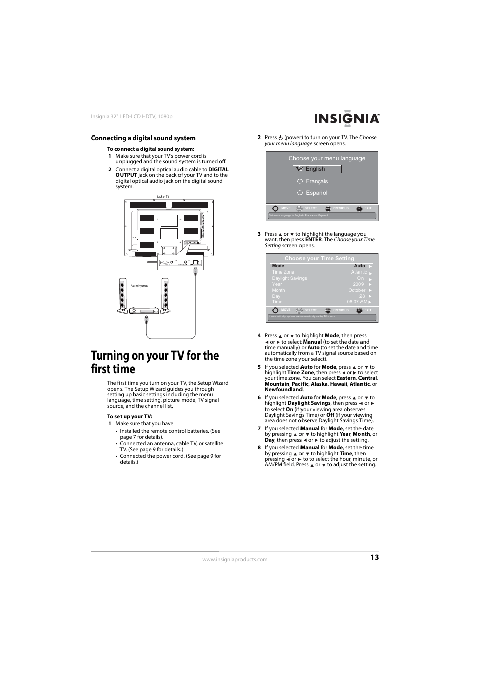 Connecting a digital sound system, Turning on your tv for the first time, See “connecting a digital sound system | Insignia NS-32E570A11 User Manual | Page 17 / 48