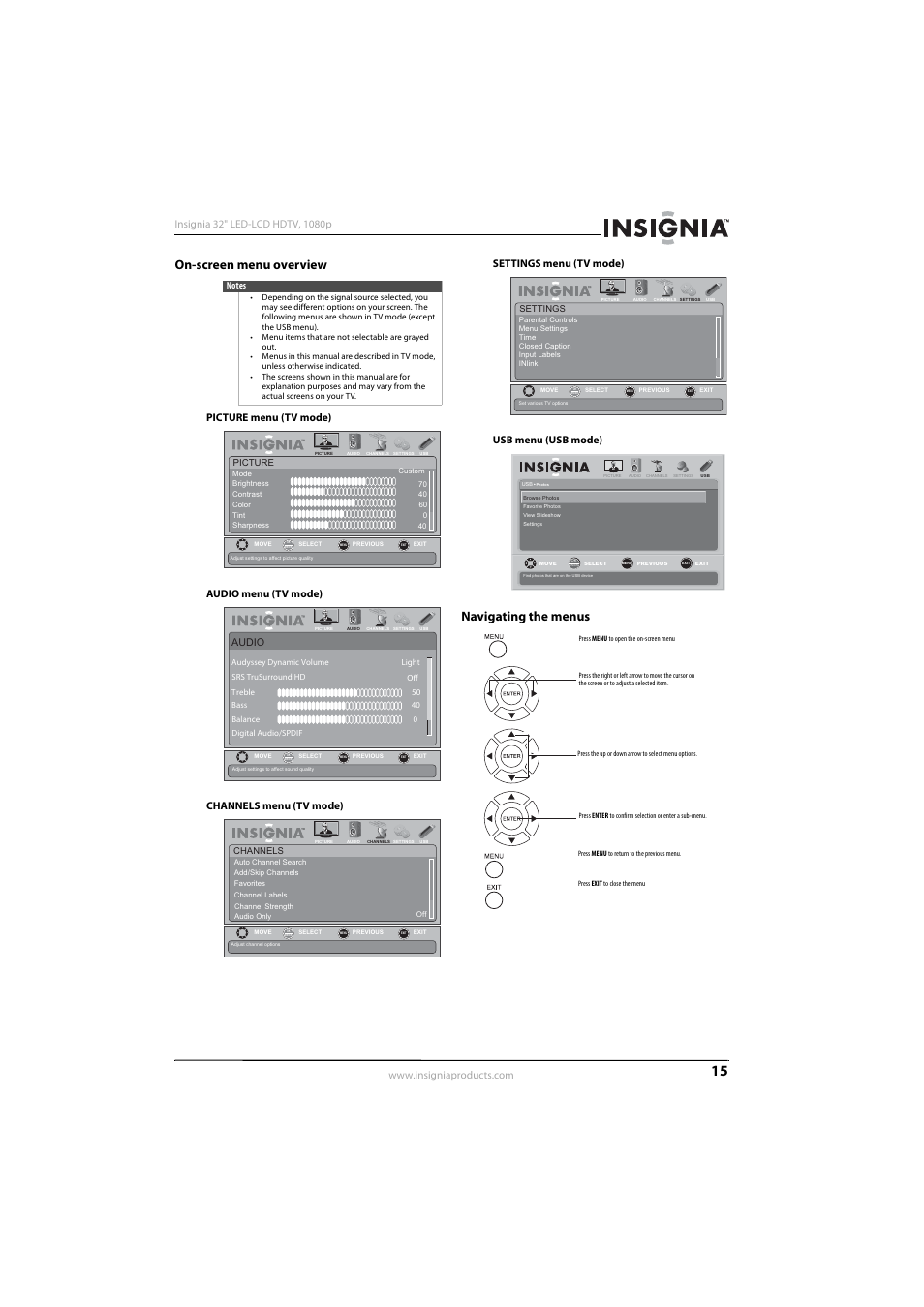 On-screen menu overview, Navigating the menus, On-screen menu overview navigating the menus | See “navigating the menus, Navigating the menus” o, Audio | Insignia NS-32E570A11 User Manual | Page 19 / 48