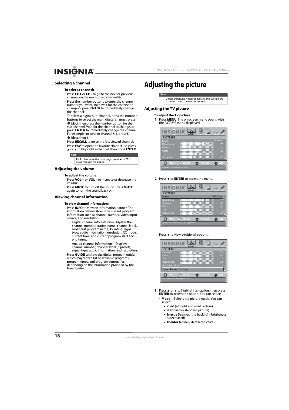 Selecting a channel, Adjusting the volume, Viewing channel information | Adjusting the picture, Adjusting the tv picture, Ee “selecting a channel” o, E “viewing channel information” o, Ee “adjusting the tv picture” o, Adjusting the tv picture” o | Insignia NS-32E570A11 User Manual | Page 20 / 48