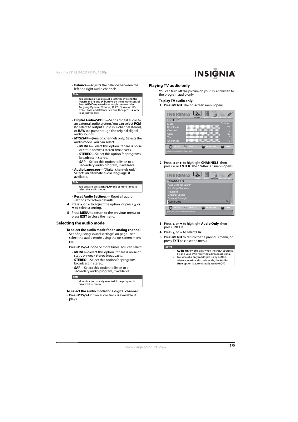 Selecting the audio mode, Playing tv audio only, Selecting the audio mode playing tv audio only | Insignia NS-32E570A11 User Manual | Page 23 / 48