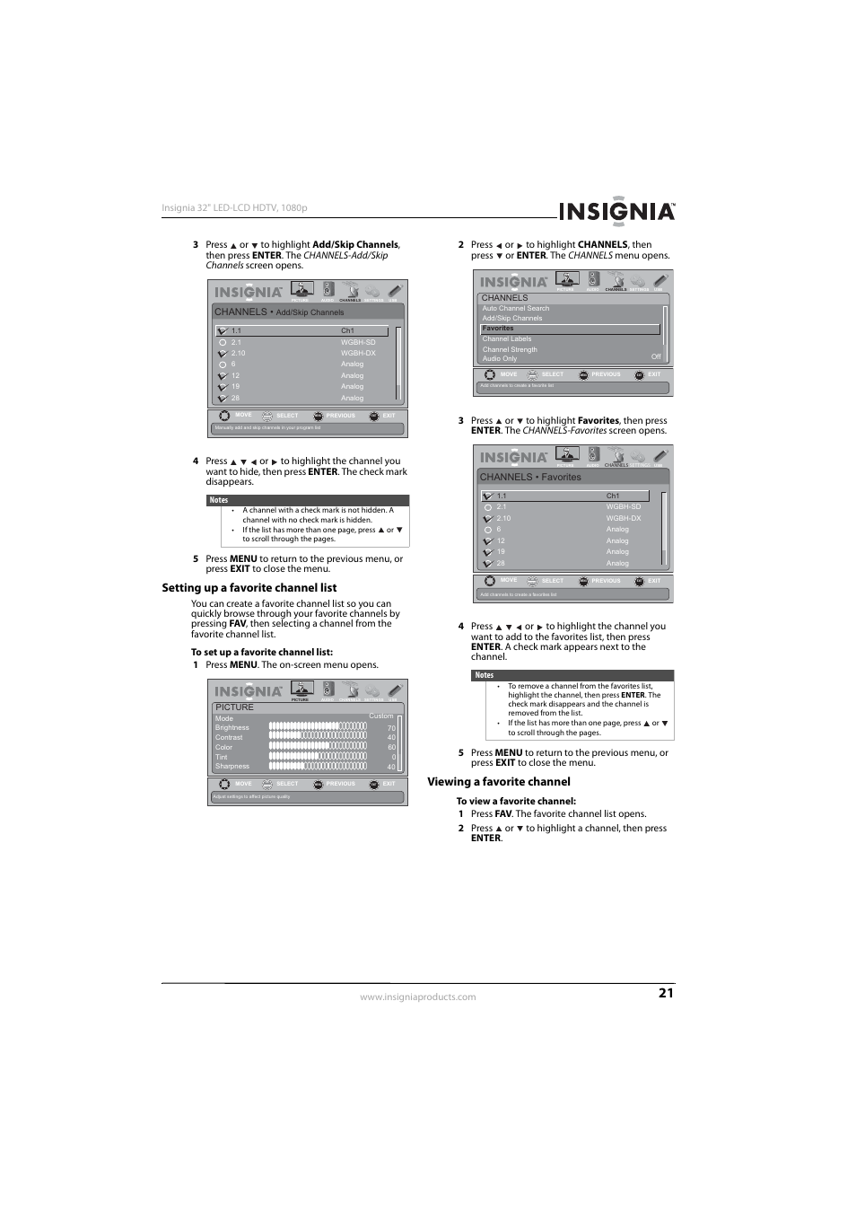 Setting up a favorite channel list, Viewing a favorite channel, Ee “viewing a favorite channel” o | Insignia NS-32E570A11 User Manual | Page 25 / 48