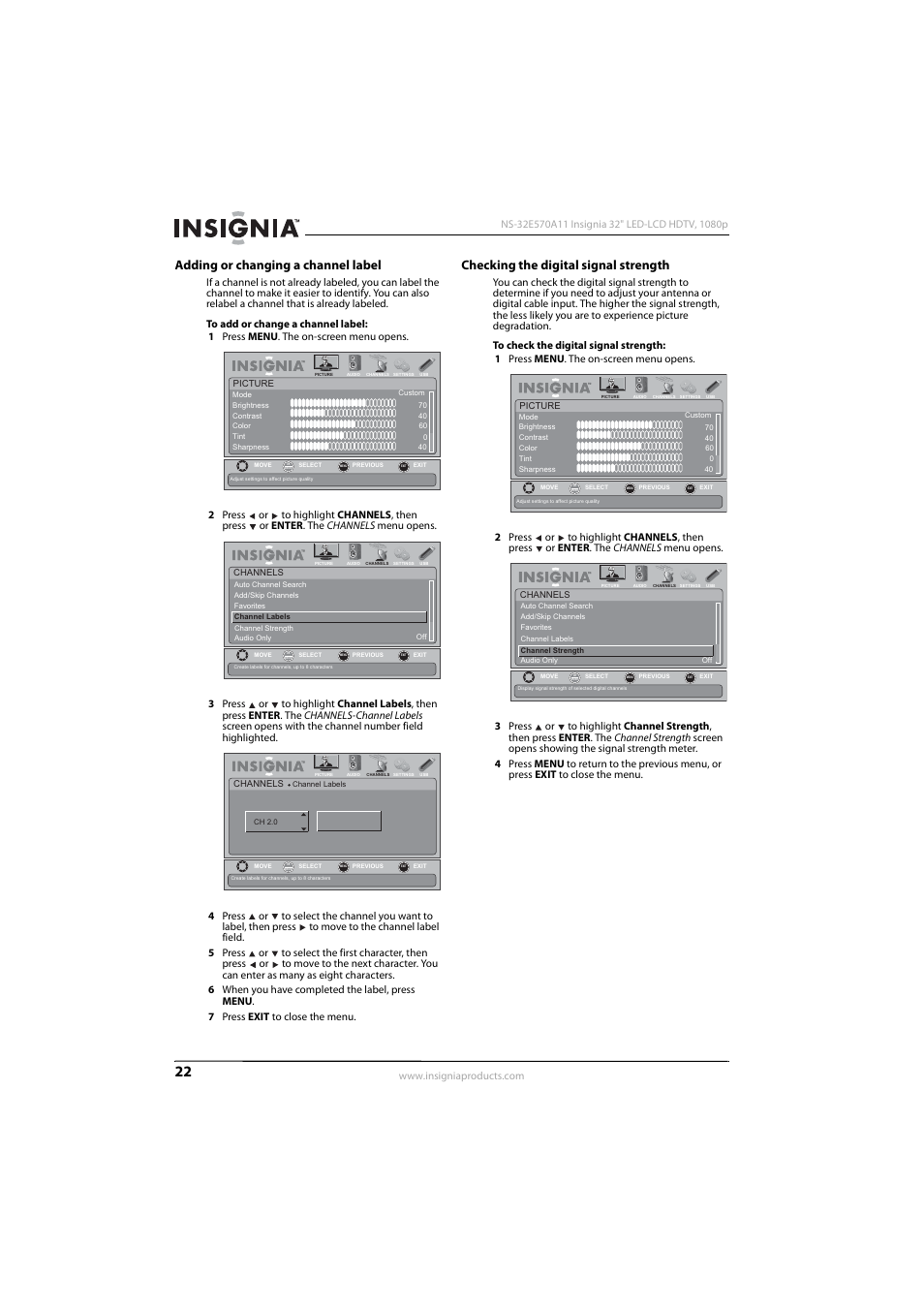 Adding or changing a channel label, Checking the digital signal strength | Insignia NS-32E570A11 User Manual | Page 26 / 48