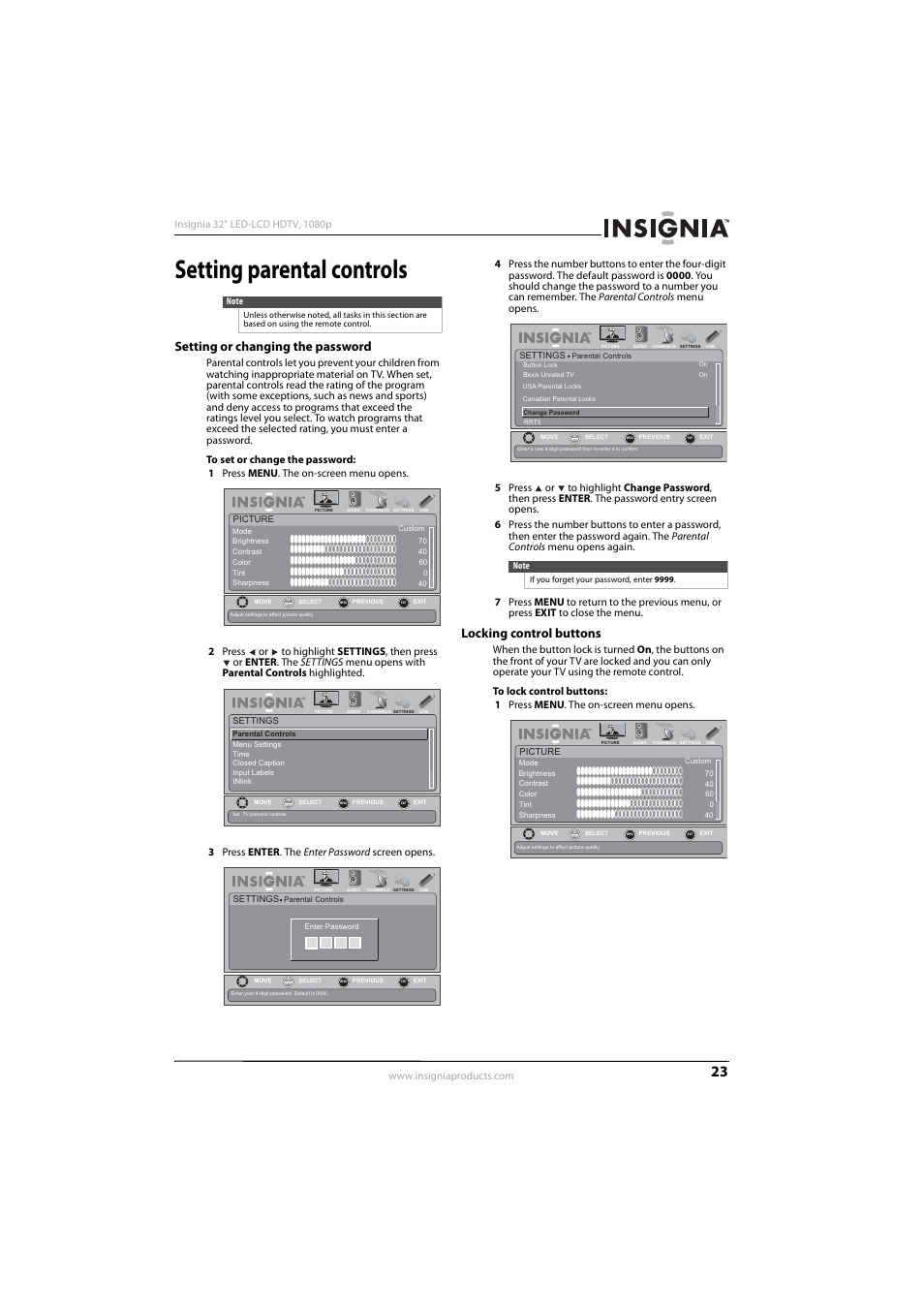 Setting parental controls, Setting or changing the password, Locking control buttons | Insignia NS-32E570A11 User Manual | Page 27 / 48