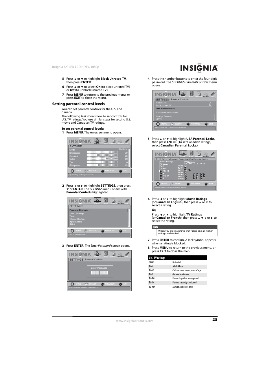 Setting parental control levels, U.s. tv ratings | Insignia NS-32E570A11 User Manual | Page 29 / 48