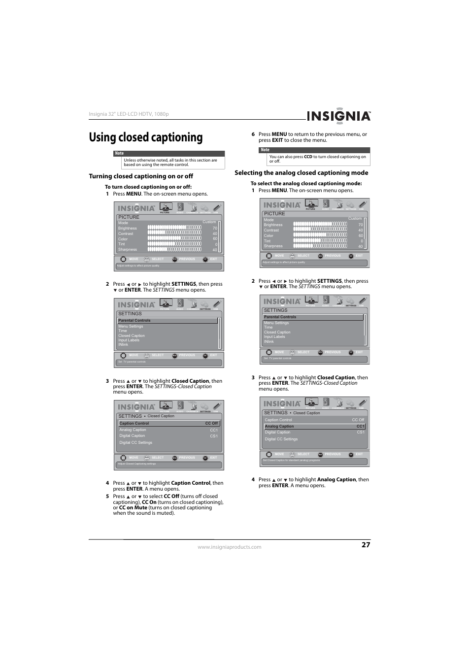 Using closed captioning, Turning closed captioning on or off, Selecting the analog closed captioning mode | Ee “turning closed captioning on or off | Insignia NS-32E570A11 User Manual | Page 31 / 48