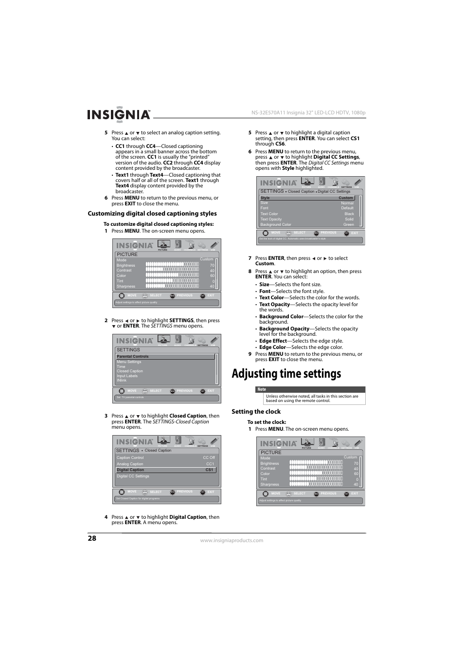 Customizing digital closed captioning styles, Adjusting time settings, Setting the clock | Insignia NS-32E570A11 User Manual | Page 32 / 48