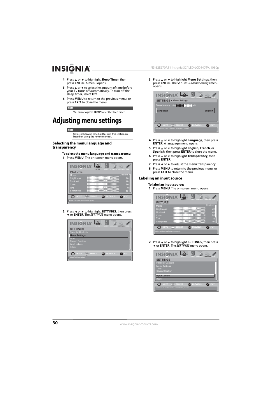 Adjusting menu settings, Selecting the menu language and transparency, Labeling an input source | Insignia NS-32E570A11 User Manual | Page 34 / 48