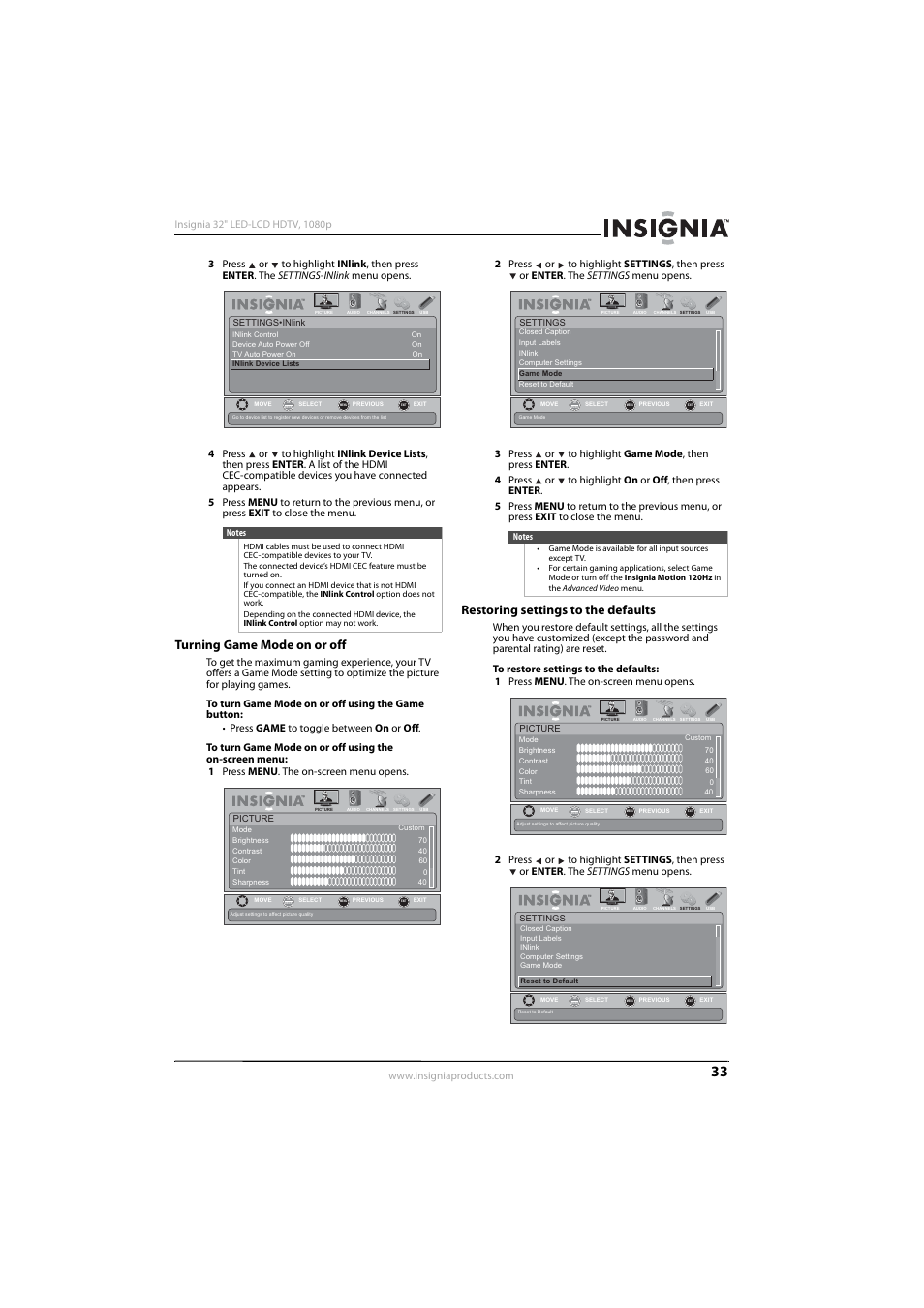 Turning game mode on or off, Restoring settings to the defaults | Insignia NS-32E570A11 User Manual | Page 37 / 48