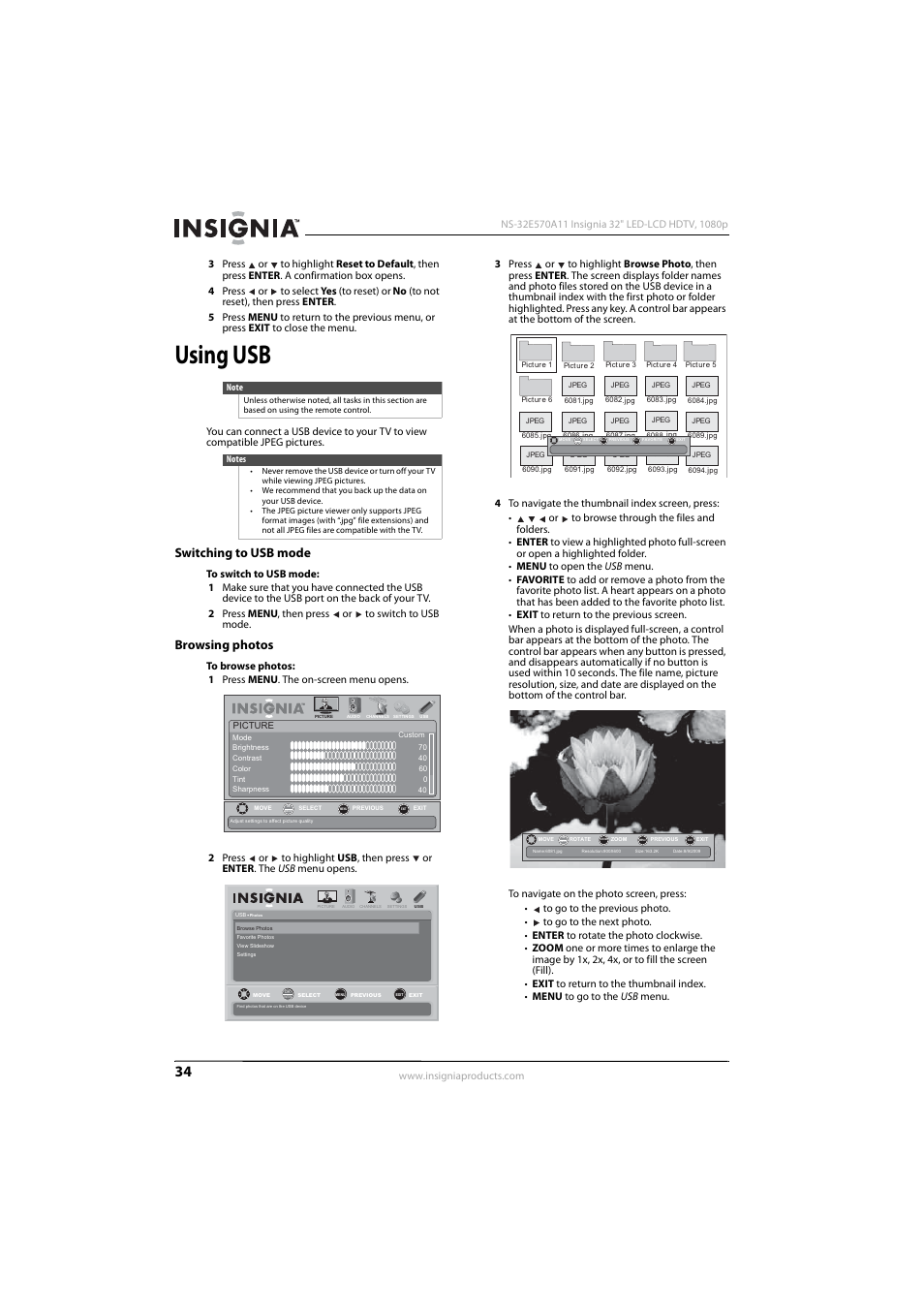 Using usb, Switching to usb mode, Browsing photos | Switching to usb mode browsing photos | Insignia NS-32E570A11 User Manual | Page 38 / 48