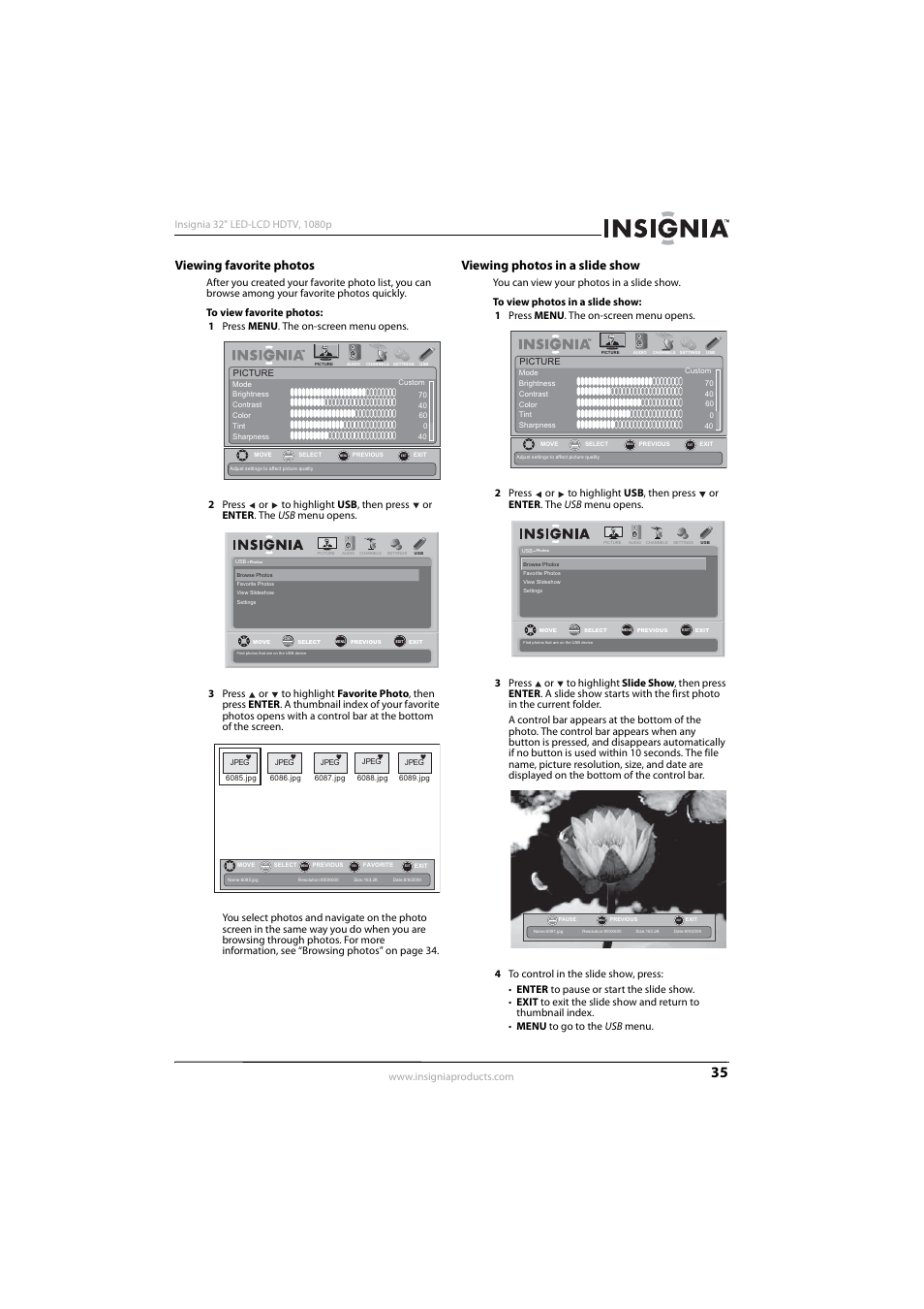 Viewing favorite photos, Viewing photos in a slide show | Insignia NS-32E570A11 User Manual | Page 39 / 48