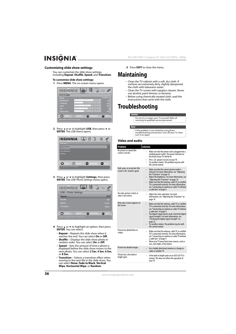 Customizing slide show settings, Maintaining, Troubleshooting | Video and audio | Insignia NS-32E570A11 User Manual | Page 40 / 48