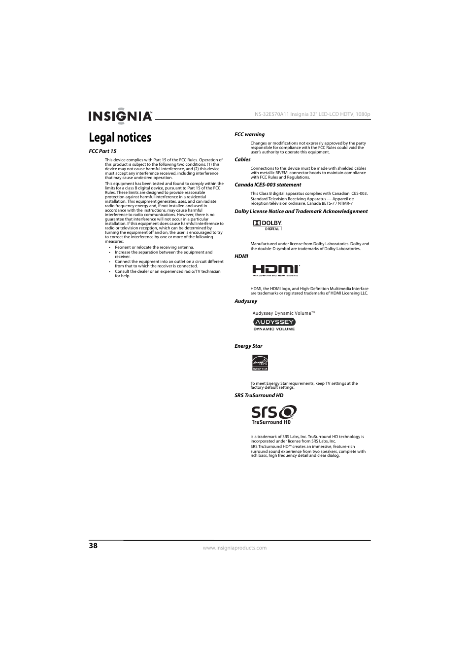 Legal notices | Insignia NS-32E570A11 User Manual | Page 42 / 48