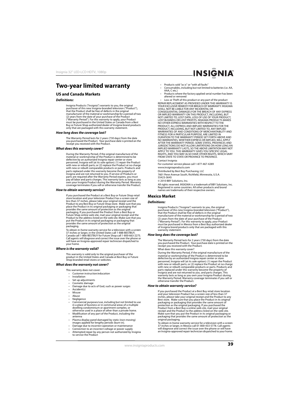 Two-year limited warranty, Us and canada markets, Mexico market | Us and canada markets mexico market | Insignia NS-32E570A11 User Manual | Page 43 / 48