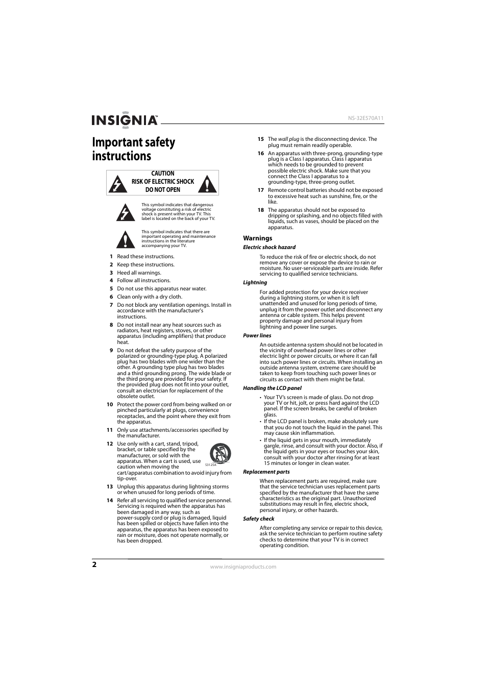 Important safety instructions, Warnings | Insignia NS-32E570A11 User Manual | Page 6 / 48