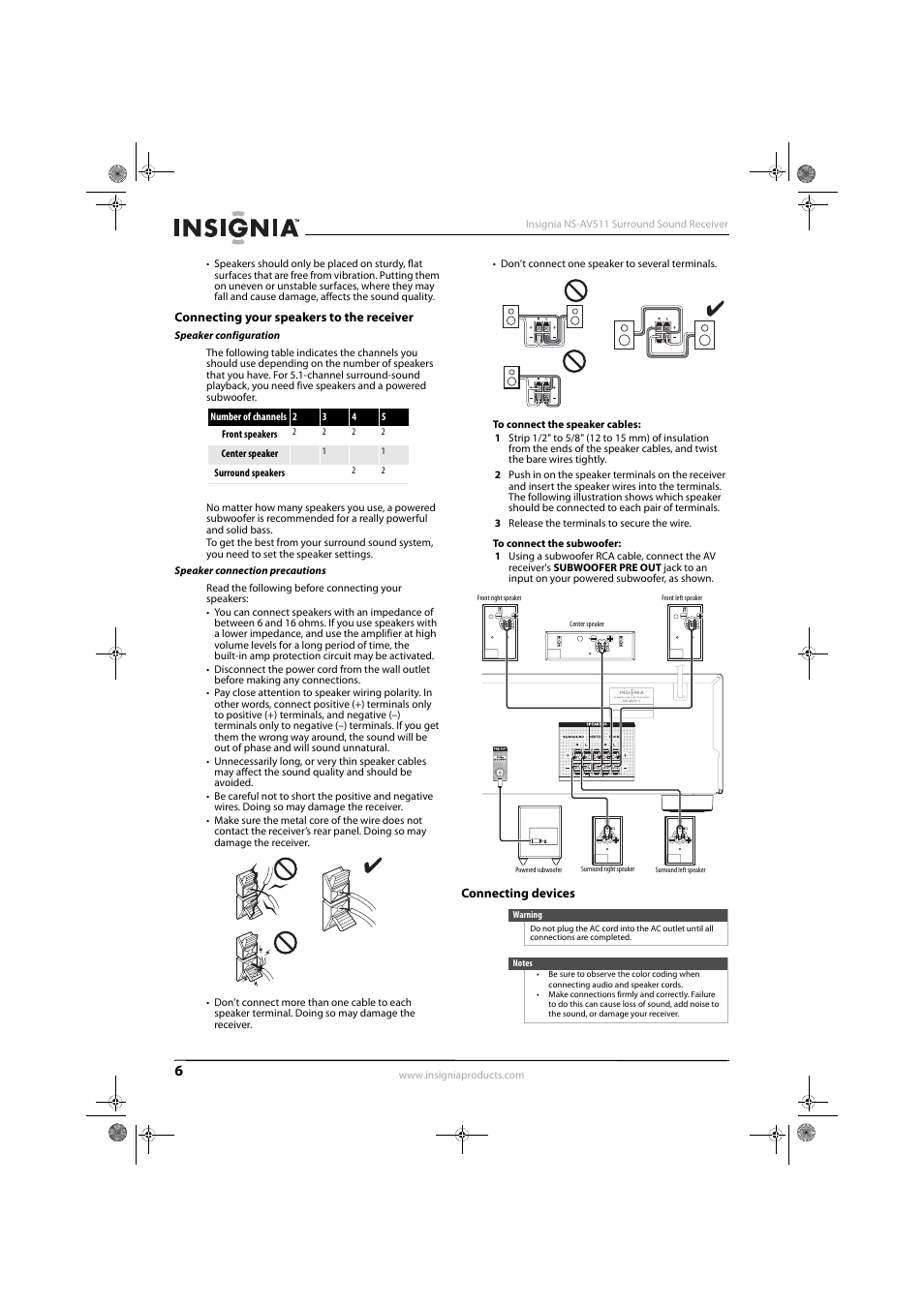 Connecting your speakers to the receiver, Speaker configuration, Speaker connection precautions | Connecting devices | Insignia NS-AV511 User Manual | Page 10 / 38