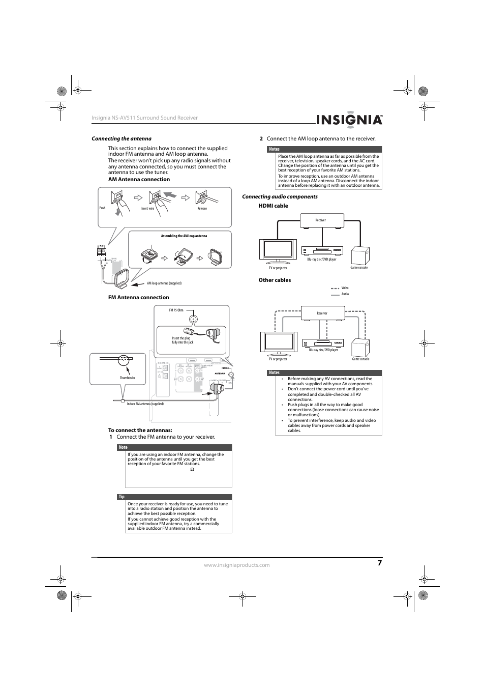 Connecting the antenna, Connecting audio components | Insignia NS-AV511 User Manual | Page 11 / 38