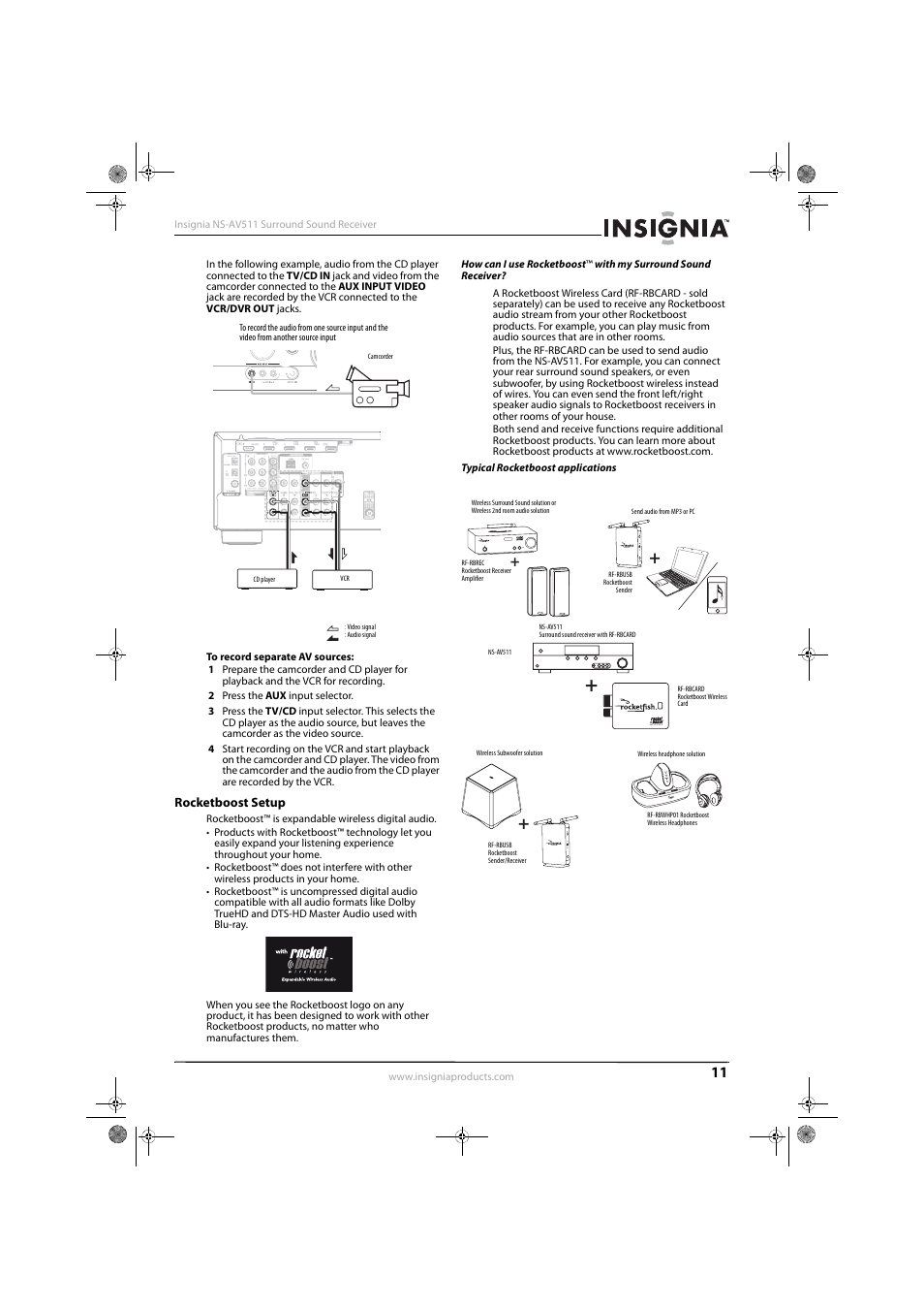 Rocketboost setup, Typical rocketboost applications | Insignia NS-AV511 User Manual | Page 15 / 38