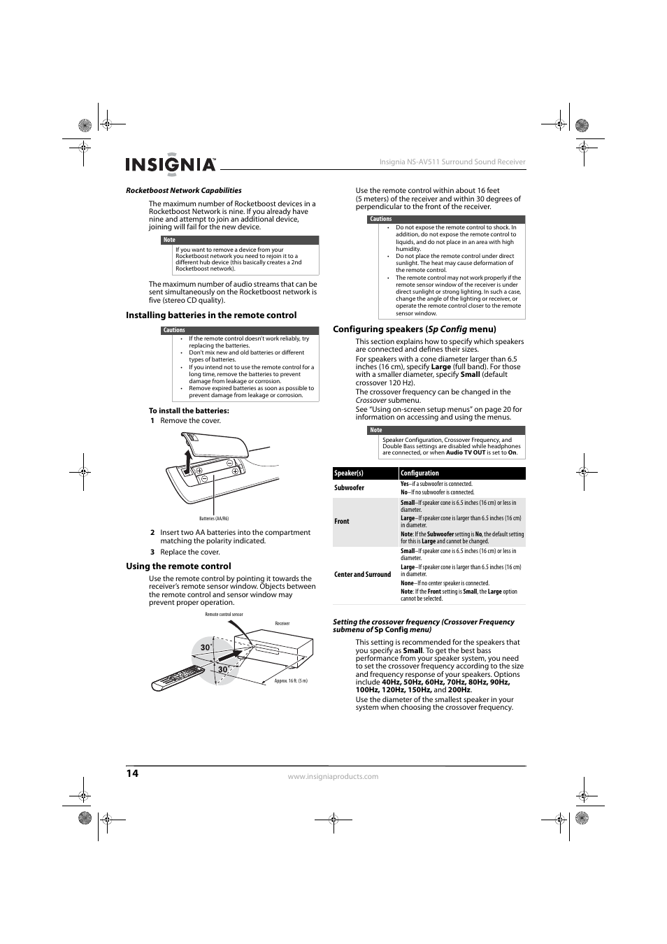 Rocketboost network capabilities, Installing batteries in the remote control, Using the remote control | Configuring speakers (sp config menu) | Insignia NS-AV511 User Manual | Page 18 / 38