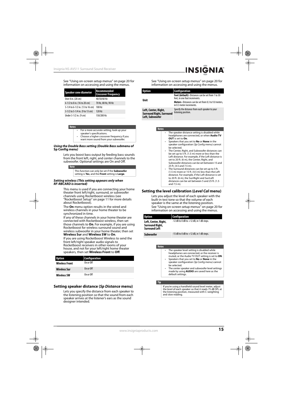 Setting speaker distance (sp distance menu), Setting the level calibration (level cal menu) | Insignia NS-AV511 User Manual | Page 19 / 38