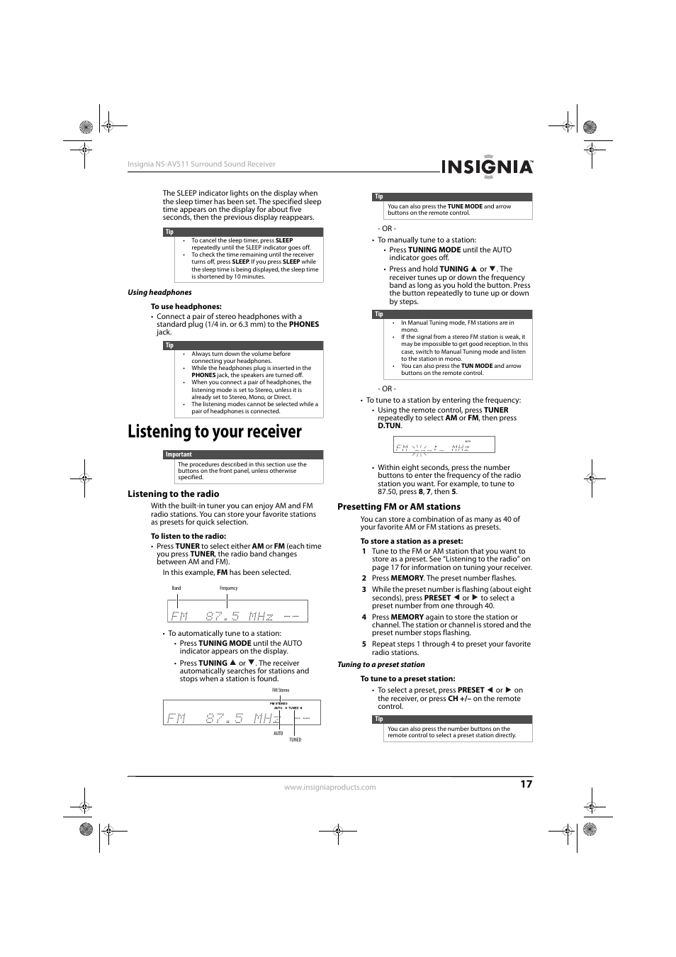 Using headphones, Listening to your receiver, Listening to the radio | Presetting fm or am stations, Tuning to a preset station | Insignia NS-AV511 User Manual | Page 21 / 38