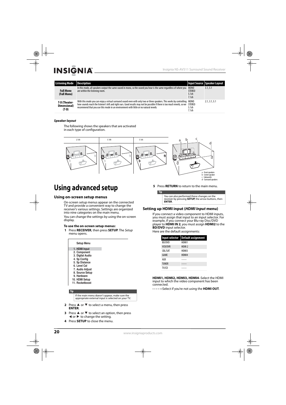 Speaker layout, Using advanced setup, Using on-screen setup menus | Setting up hdmi input (hdmi input menu) | Insignia NS-AV511 User Manual | Page 24 / 38