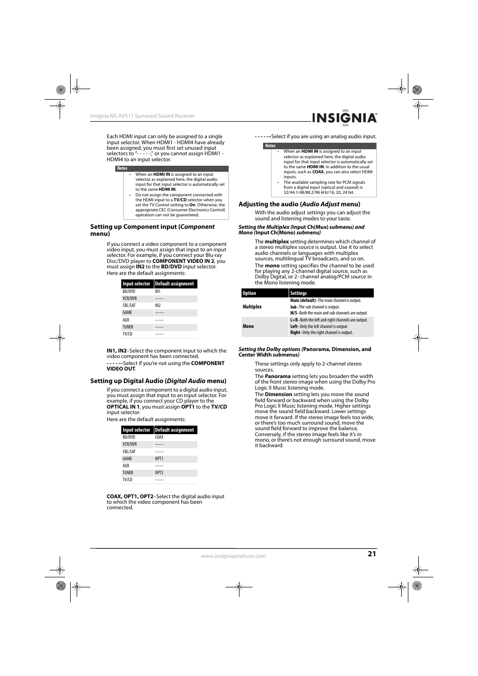 Setting up component input (component menu), Setting up digital audio (digital audio menu), Adjusting the audio (audio adjust menu) | Insignia NS-AV511 User Manual | Page 25 / 38