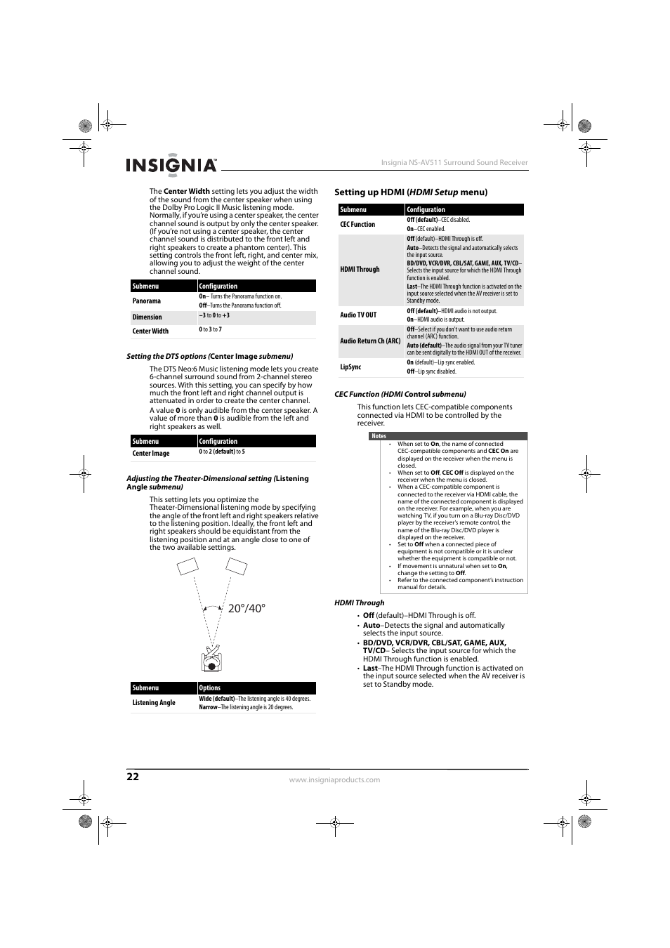 Setting the dts options (center image submenu), Setting up hdmi (hdmi setup menu), Cec function (hdmi control submenu) | Hdmi through | Insignia NS-AV511 User Manual | Page 26 / 38