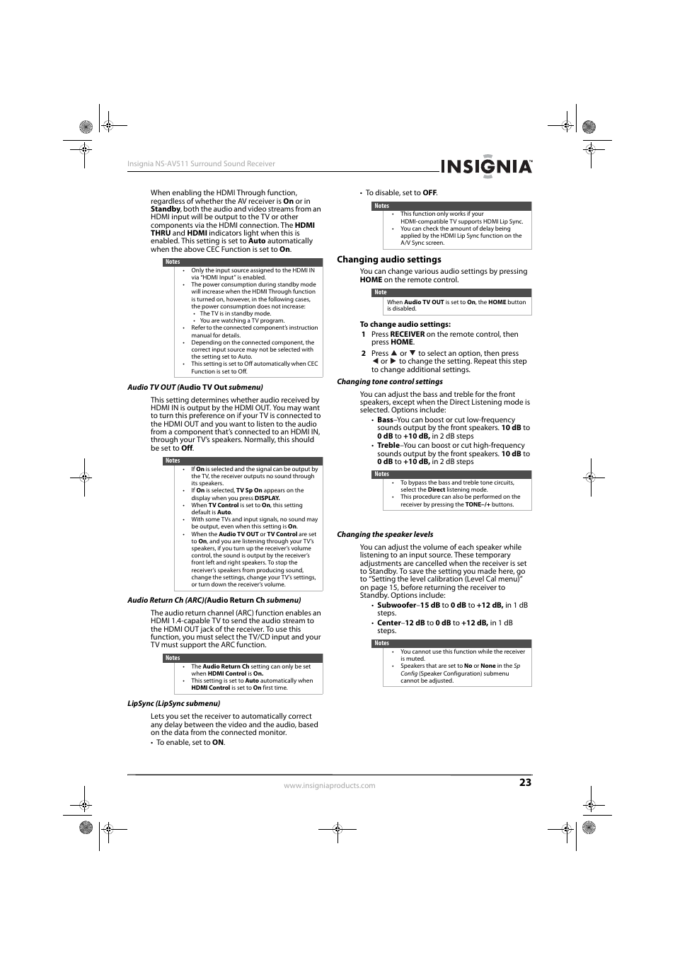 Audio tv out (audio tv out submenu), Audio return ch (arc)(audio return ch submenu), Lipsync (lipsync submenu) | Changing audio settings, Changing tone control settings, Changing the speaker levels | Insignia NS-AV511 User Manual | Page 27 / 38