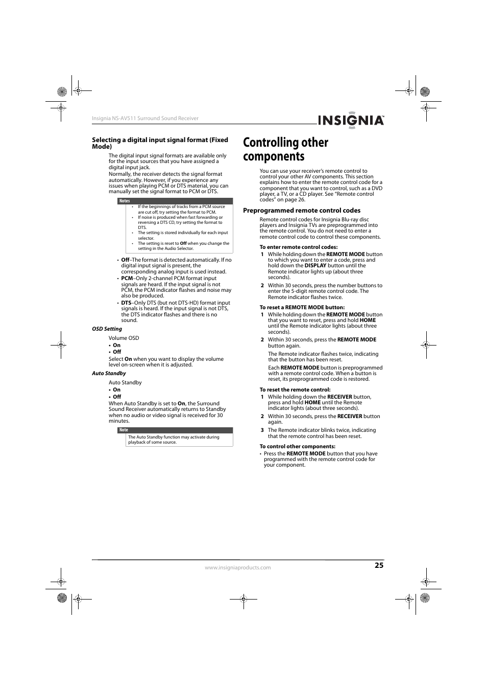 Osd setting, Auto standby, Controlling other components | Preprogrammed remote control codes | Insignia NS-AV511 User Manual | Page 29 / 38