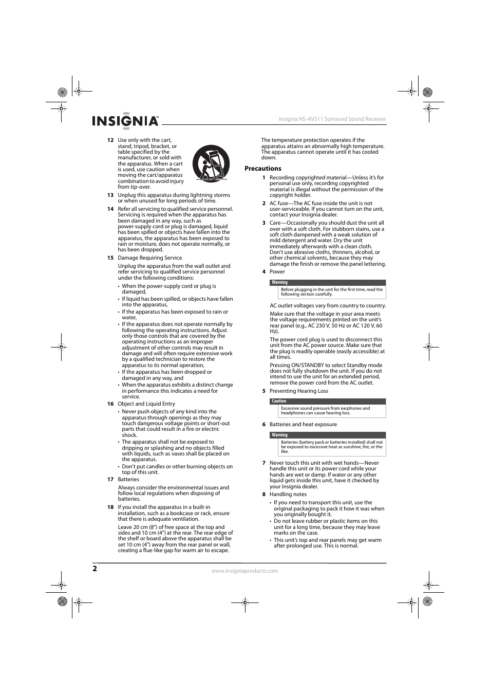 Precautions | Insignia NS-AV511 User Manual | Page 6 / 38