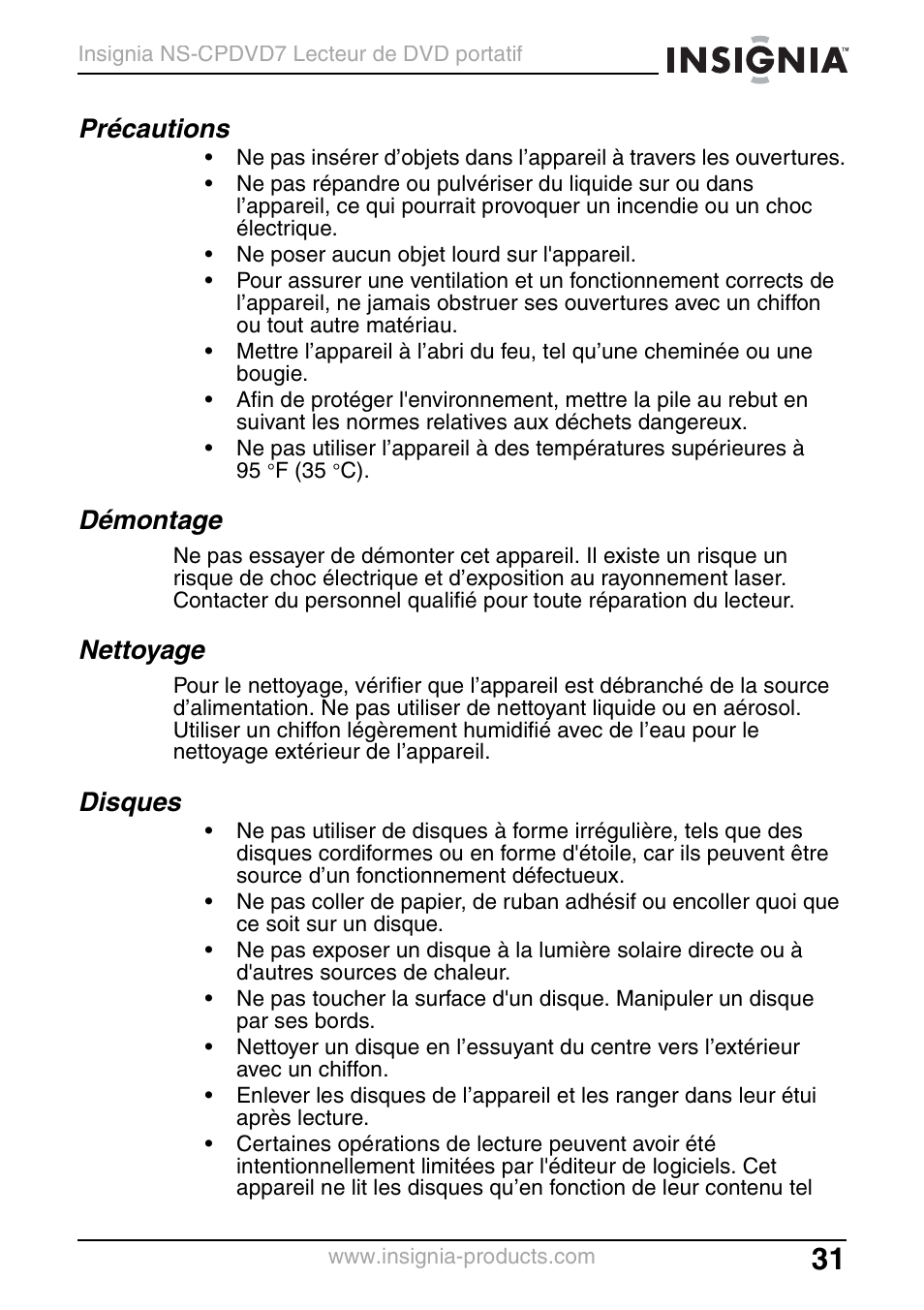 Précautions, Démontage, Nettoyage | Disques | Insignia NS-CPDVD7 User Manual | Page 33 / 96