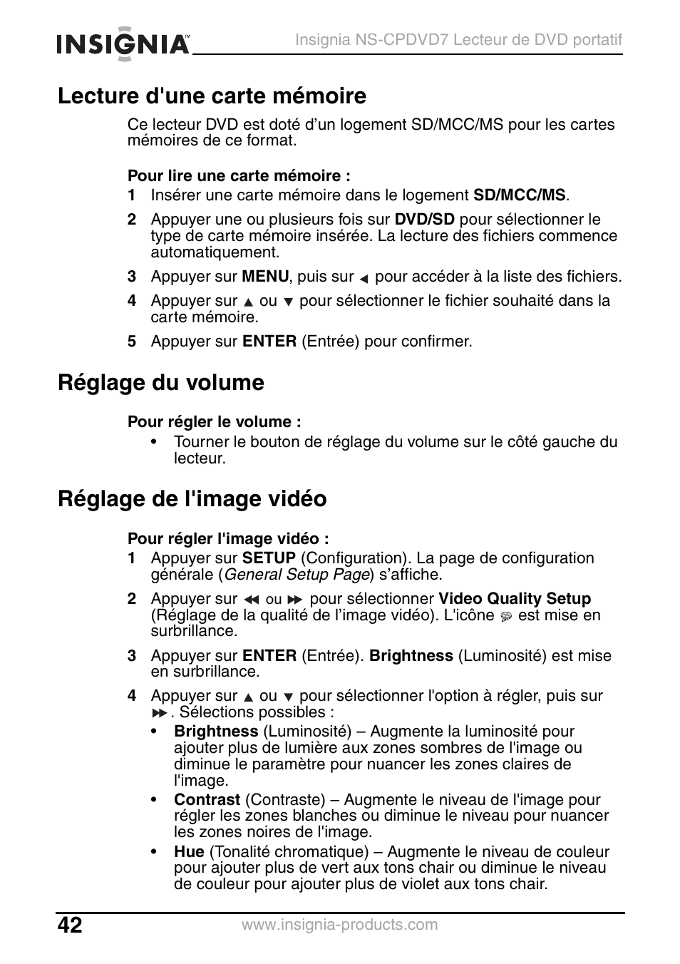 Lecture d'une carte mémoire, Réglage du volume, Réglage de l'image vidéo | Insignia NS-CPDVD7 User Manual | Page 44 / 96