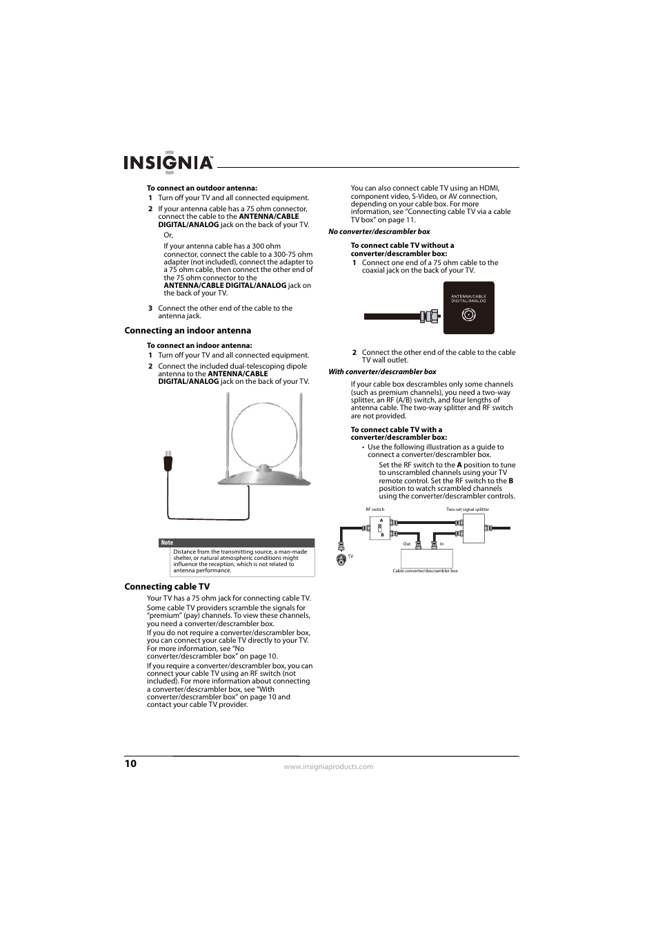 Connecting an indoor antenna, Connecting cable tv, Connecting an indoor antenna connecting cable tv | Connecting cable tv” o, Ge 10 | Insignia NS-L42Q-10A User Manual | Page 14 / 60